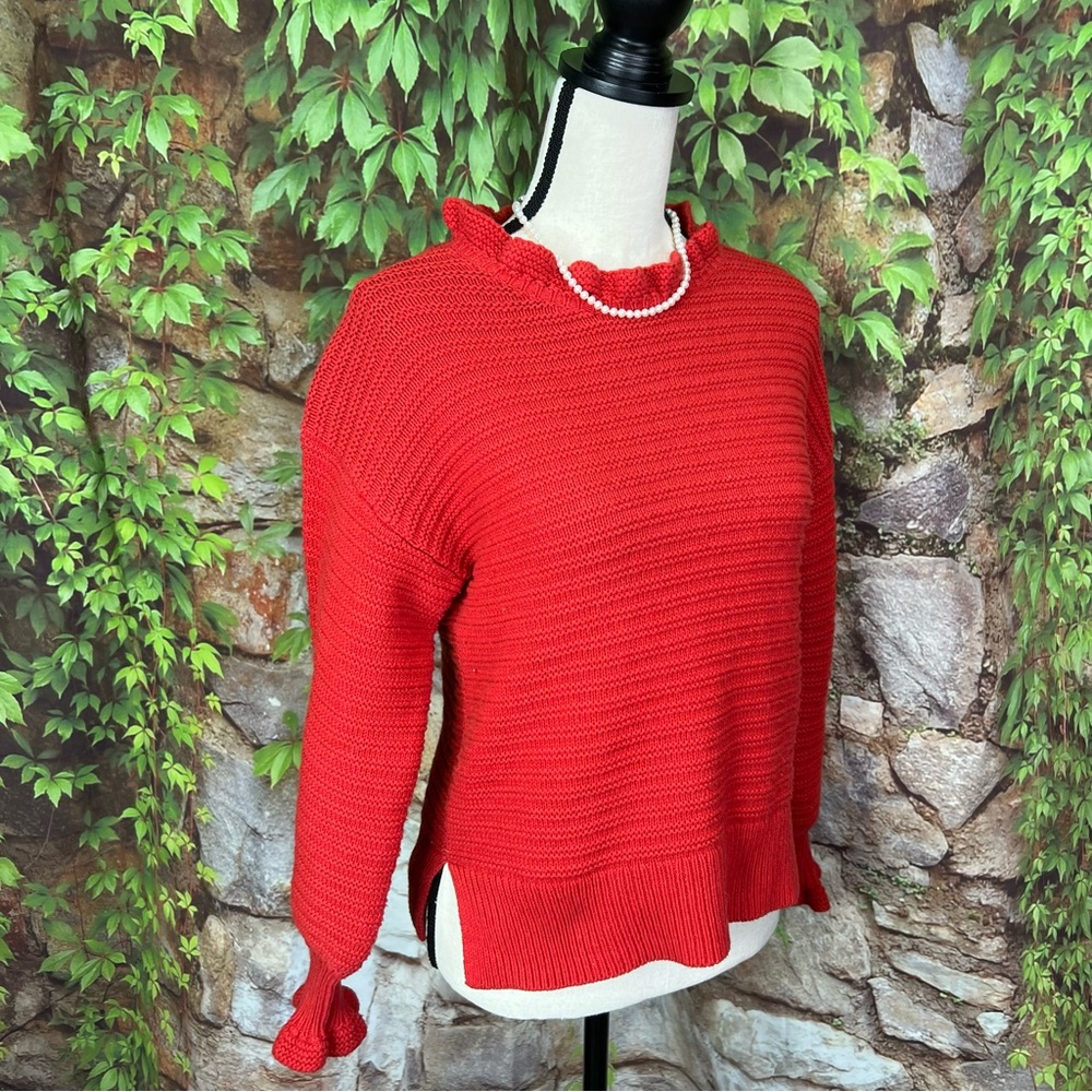 MADEWELL Red Ruffle-Trimmed Rib Knit Sweater, S - Picture 6 of 10